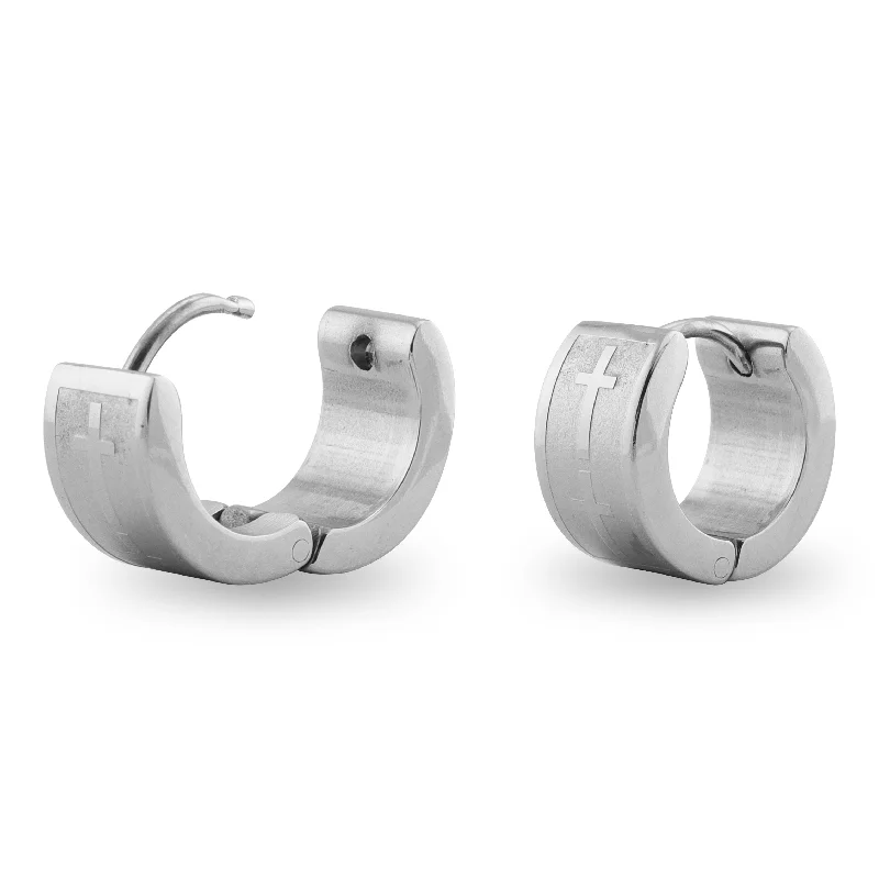 designer earrings for women -designer earrings for women -Stainless Steel Cross Hinged Hoop Earrings / ERJ2025