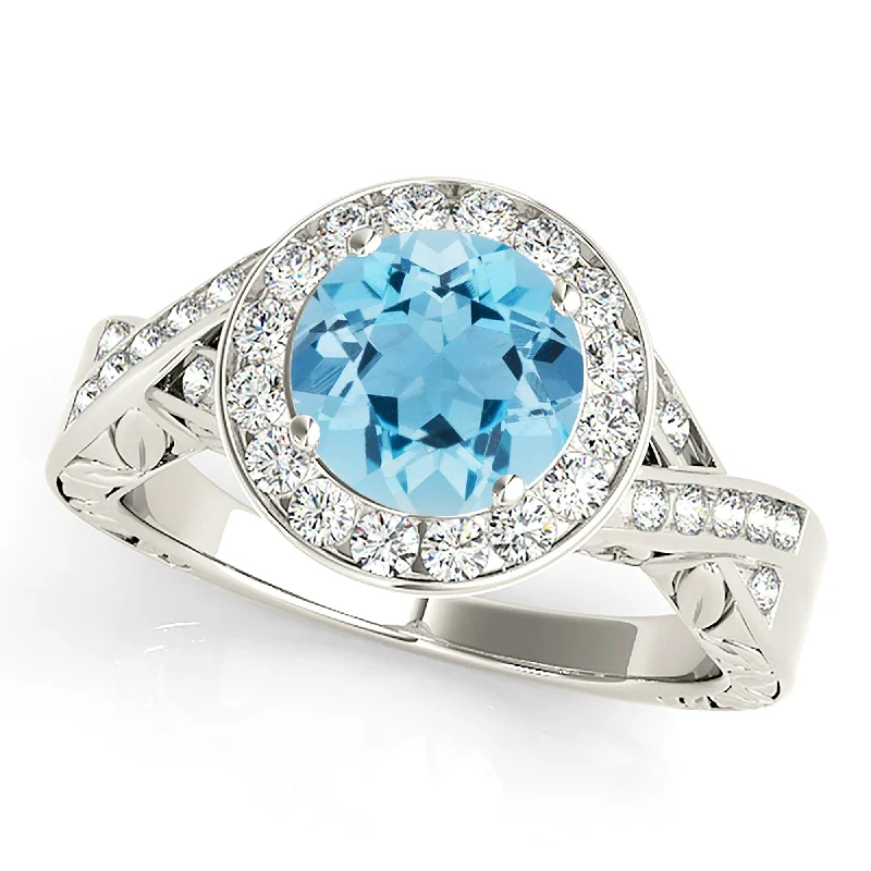 vintage wedding bands for women -1.75 ct. Genuine Aquamarine Ring With Halo, Filigree Accent Sides