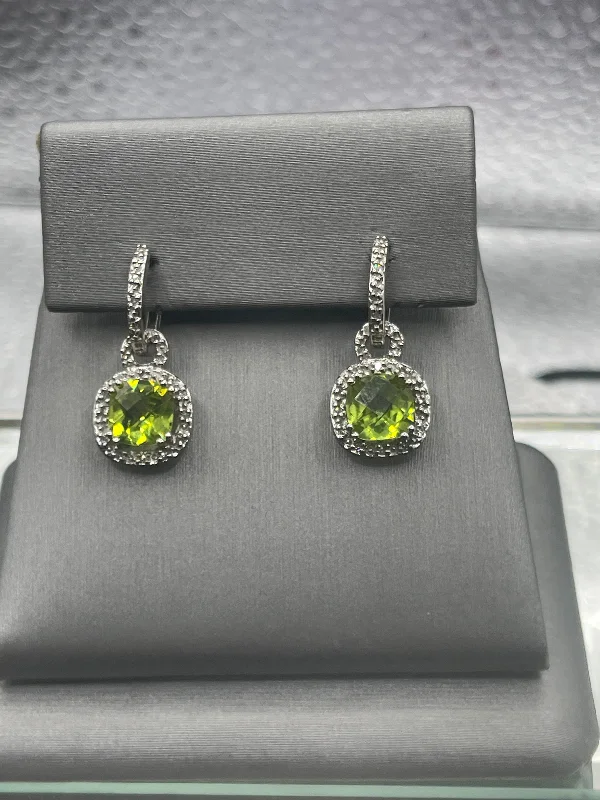 women’s designer stud earrings -women’s designer stud earrings -Ladies 10 Karat Solid White Gold Peridot and Diamond Earrings