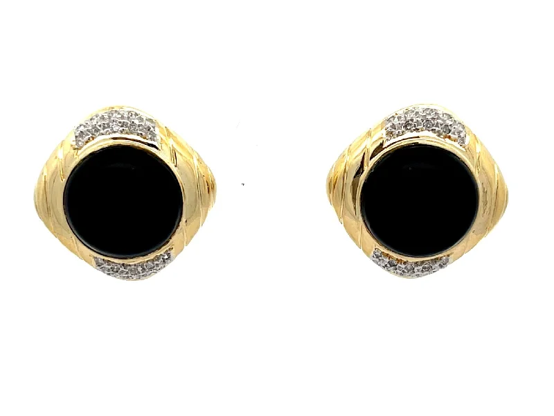 trendy pearl earrings for women -Black Onyx and Diamond Earrings in 14k Yellow Gold