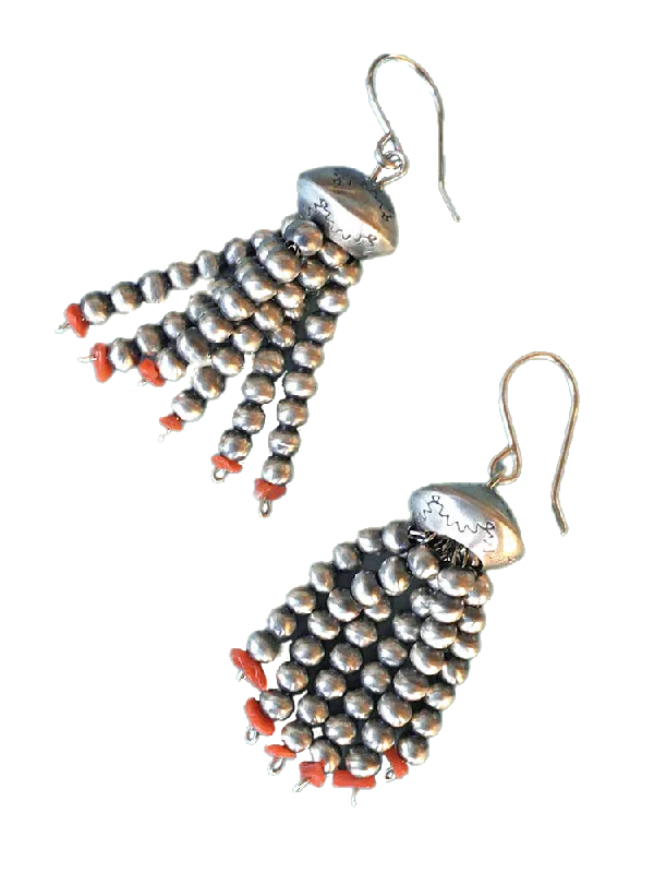 stud earrings for women -Chandelier Drop Sterling Silver Earrings with Coral