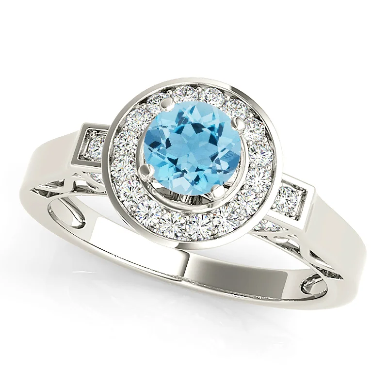 contemporary engagement rings for women -1.00 ct. Genuine Aquamarine Ring With  Double Edge Bezel Halo