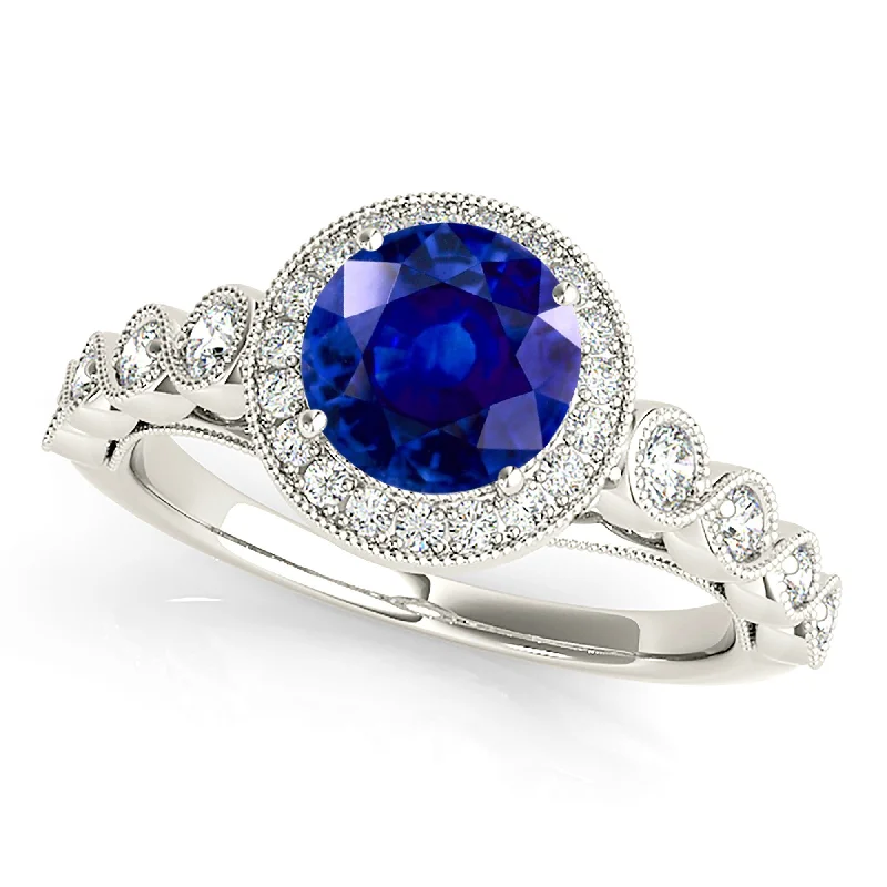 double-band engagement rings for women -1.35 ct. Genuine Blue Sapphire Ring Milgrain Halo Style