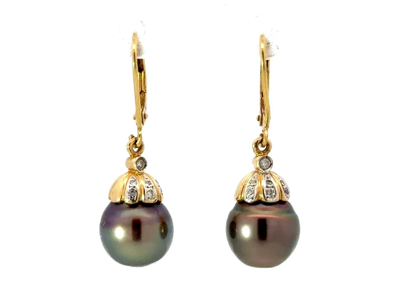 women’s ear cuffs -Round Tahitian Pearl and Diamond Dangly Earrings 18K Yellow Gold