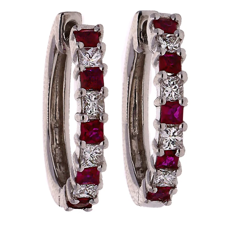 delicate gemstone earrings for women -delicate gemstone earrings for women -14K White Gold Ruby & Diamond Huggie Hoop Earrings