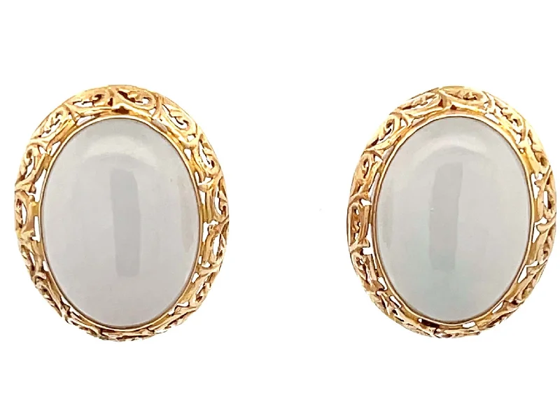 stud earrings with diamonds for women -Mings Oval White Jade Earrings 14K Yellow Gold