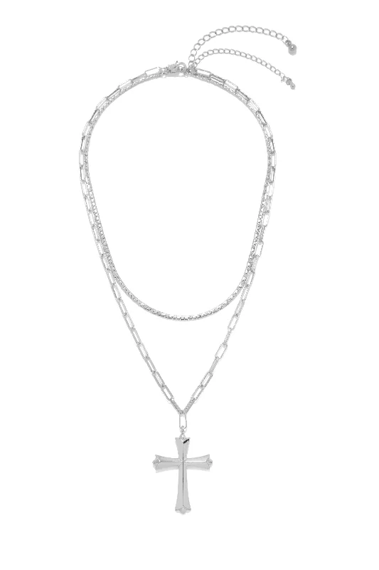 3D pendant necklaces for women -All My Faith Two Piece Layered Cross Pendant Necklace Set - Silver