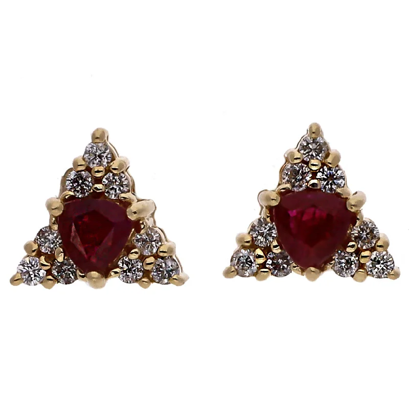 statement earrings for women -statement earrings for women -14K Yellow Gold Trillion Cut Ruby and Diamond Triangle Stud Earrings