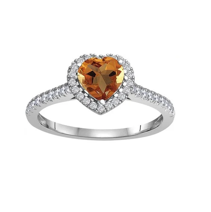 luxury engagement rings for women -6MM Heart Shape Citrine and White Sapphire Birthstone Heart Ring in 10KT White Gold