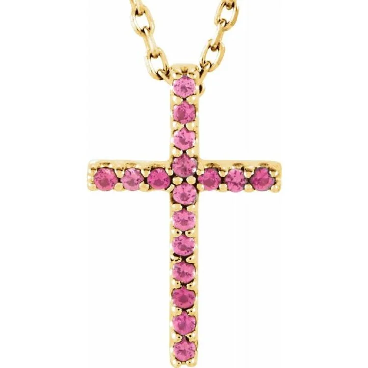 women’s choker necklaces -14K Yellow Natural Pink Tourmaline Petite Cross 16" Necklace