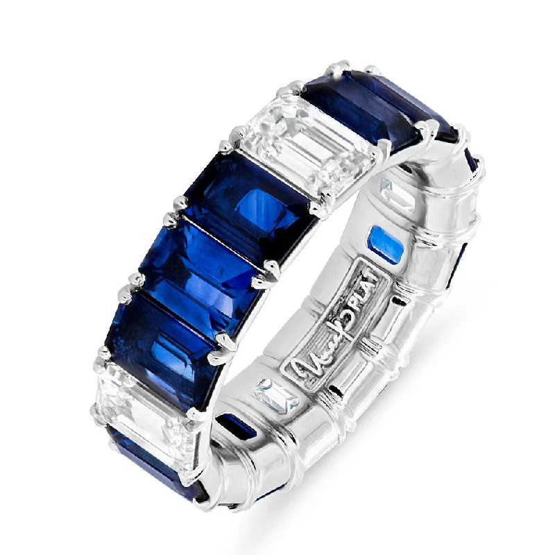 diamond rings for anniversary for women -Uneek Eternity Collection 1-Row Emerald Cut Blue Sapphire Anniversary Ring