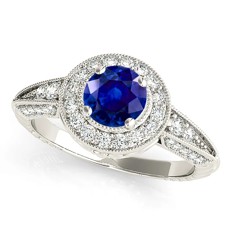 engraved wedding rings for women -2.40 ct. Genuine Blue Sapphire Vintage Halo Ring