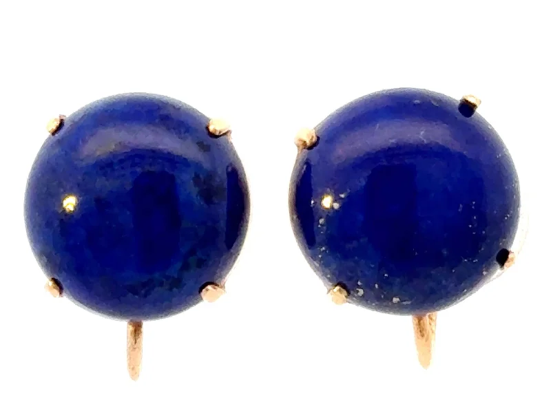 chandelier earrings for women -Round Cabochon Lapis Lazuli 14K Yellow Gold Earrings