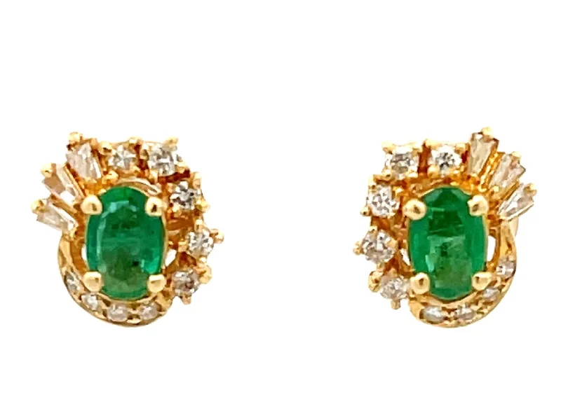 women’s colorful gemstone drop earrings -Columbian Emerald and Diamond Halo Stud Earrings in 18k Yellow Gold