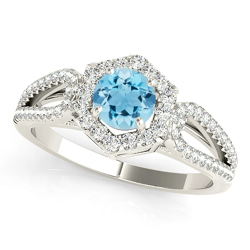 round cut diamond rings for women -1.10 ct. Genuine Aquamarine Ring With Hexagon Shape Halo