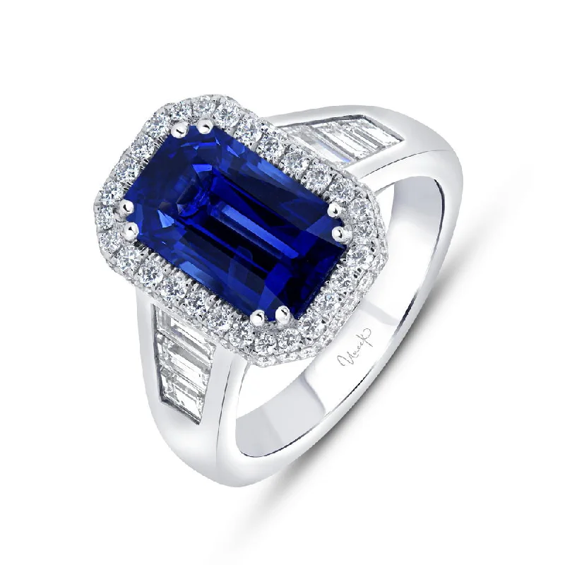 round cut diamond rings for women -Uneek Signature Collection Tapered Radiant Blue Sapphire Anniversary Ring