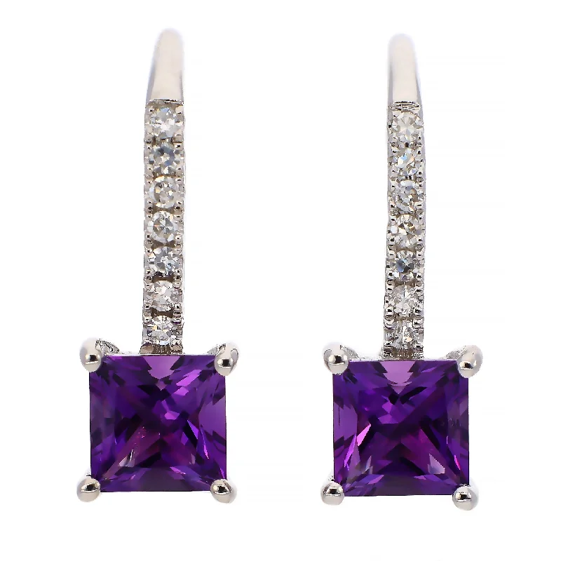 geometric earrings for women -geometric earrings for women -14K White Gold Amethyst and Diamond Leverback Earrings