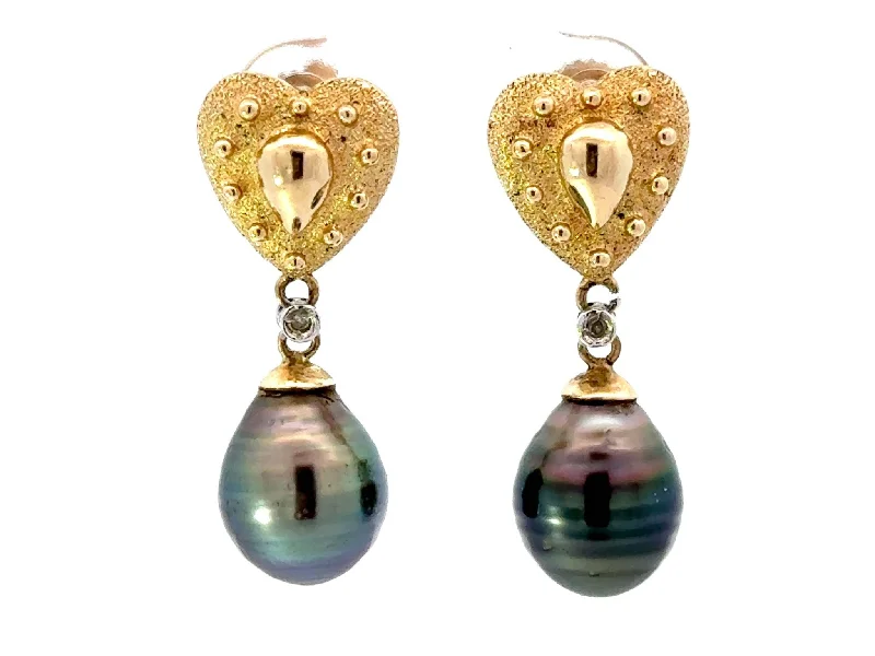 trendy earrings for women -Tahitian Pearl and Yellow Gold Heart Earrings 14K Yellow Gold