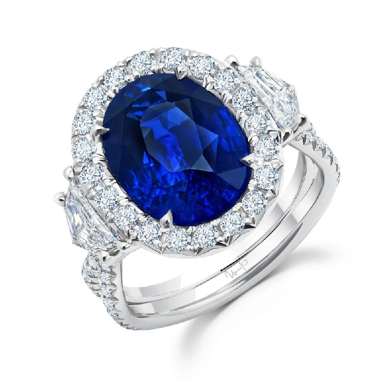 men’s and women’s engagement rings -Uneek Precious Collection Halo Oval Shaped Blue Sapphire Fashion Ring