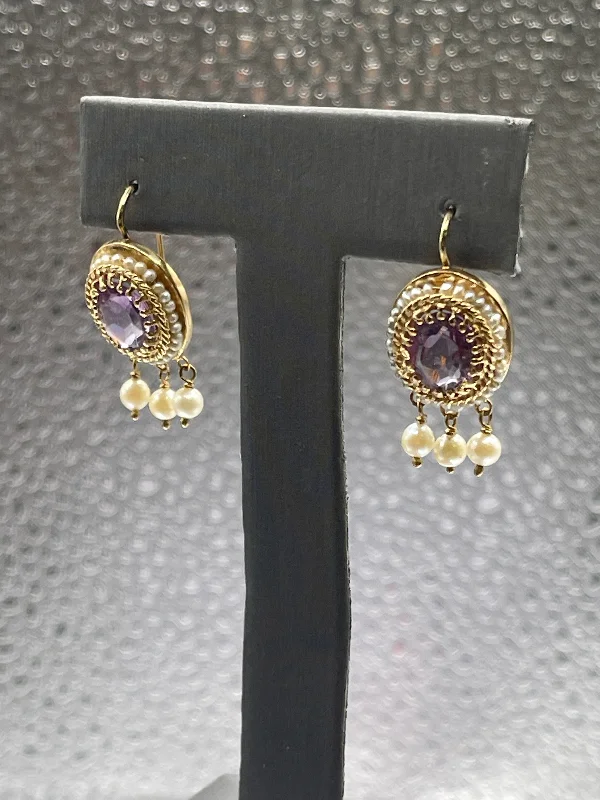 rhinestone earrings for women -Vintage 14KT Yellow Gold Amethyst And Baby Sea Pearl Earrings