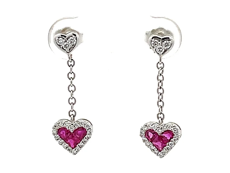 drop earrings for women -Ruby Heart Diamond Dangling Earrings in 14k White Gold