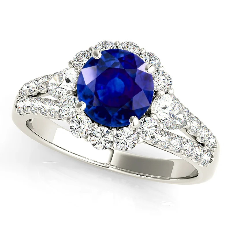 affordable gold engagement rings for women -1.35 ct. Genuine Blue Sapphire Split Shank Halo Ring