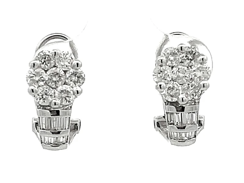 stud earrings for women -Baguette and Round Brilliant Diamond Flower Huggie Earrings in 14K White Gold