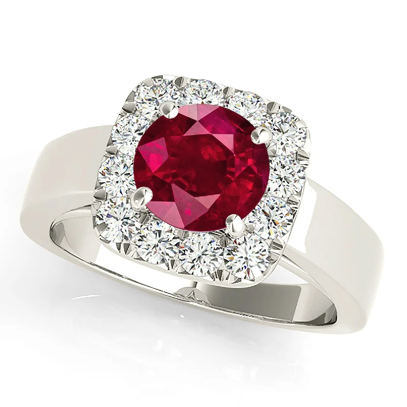 custom wedding rings for women -2.35 ct. Genuine Ruby Ring With Cushion Halo and Solid Gold Solitaire Band