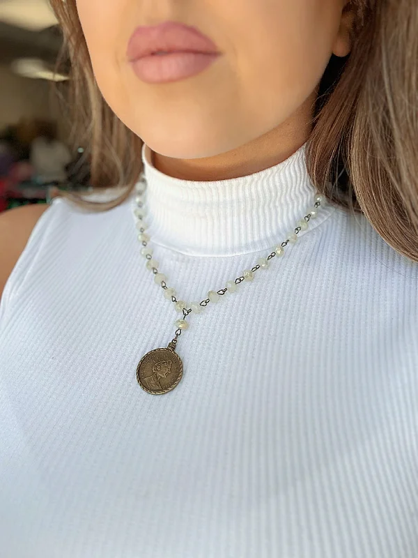 rose gold choker necklaces for women -White Beaded Coin Necklace