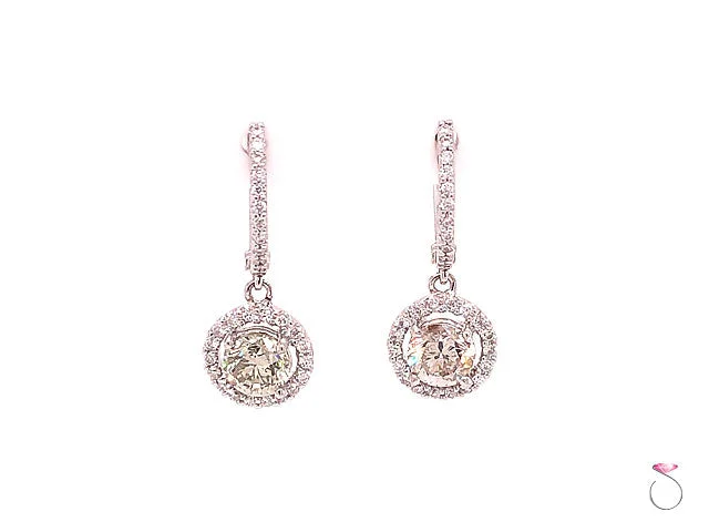 hoop earrings with diamonds for women -Diamond Halo Drop Dangling Earrings, 2.29 Carat Diamond Earrings 18K White Gold