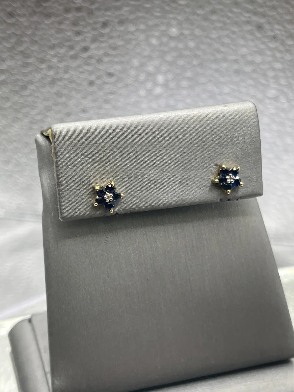 gold stud earrings for women -gold stud earrings for women -Ladies 10 Karat Solid Yellow Gold Blue Sapphire and Diamond Floral Earrings