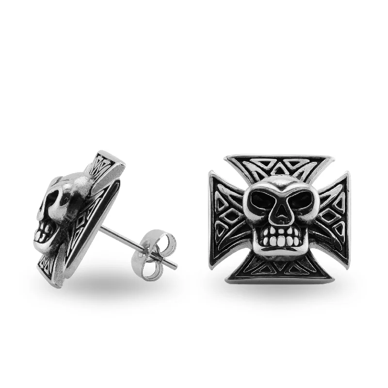 diamond earrings for women -diamond earrings for women -Stainless Steel Maltese Cross Skull Post Earrings / ERC1012