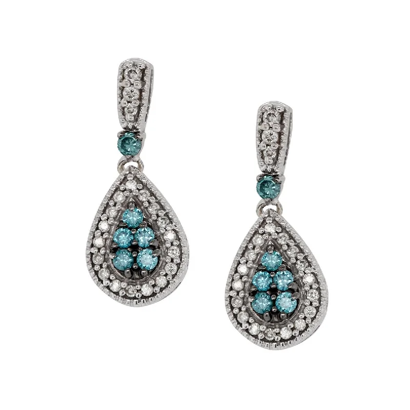 bridal earrings for women -bridal earrings for women -WHITE GOLD DANGLE EARRINGS WITH BLUE AND WHITE DIAMONDS, 1/2 CT TW