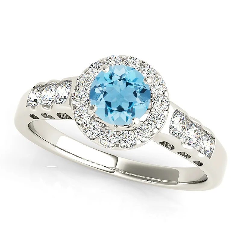 cushion halo engagement rings for women -1.10 ct. Genuine Aquamarine Ring With Halo, Open Leaf Shape Design Sides