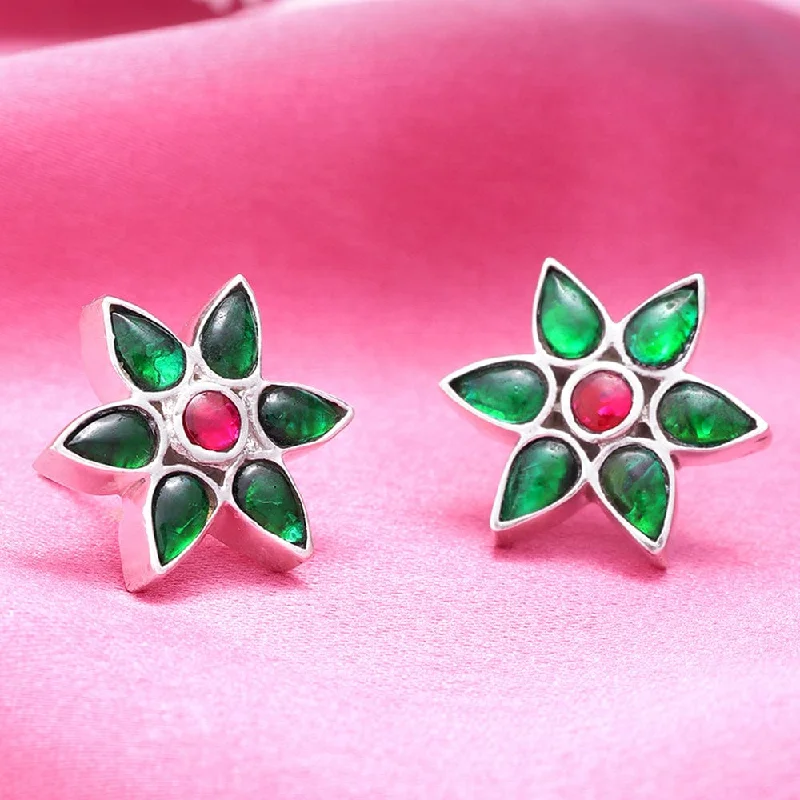 hoop earrings with pearls for women -hoop earrings with pearls for women -92.5 Silver Green Kundan Flower Stud Earrings