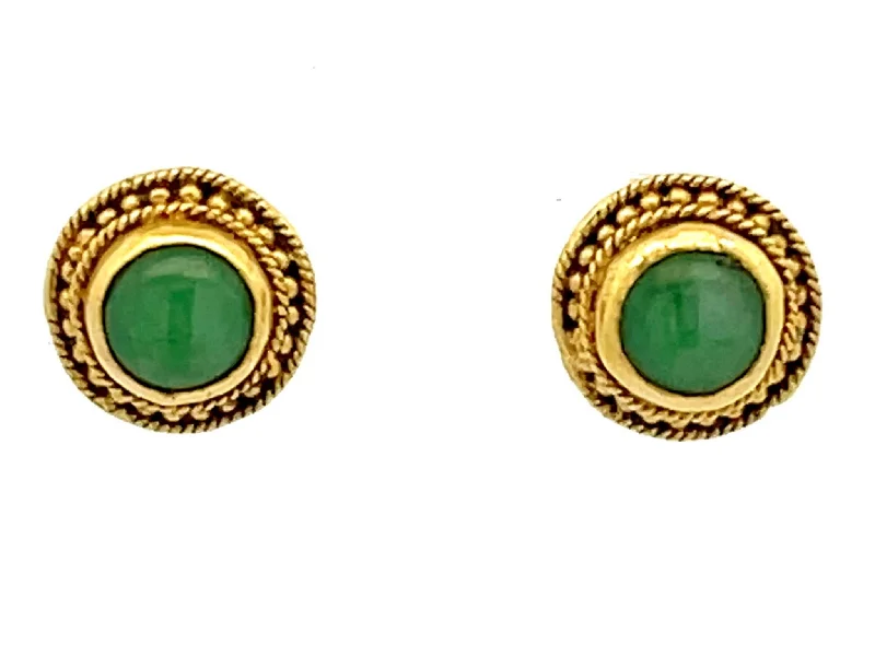 trendy drop earrings for women -Cabochon Jade Stud Earrings 10k Yellow Gold