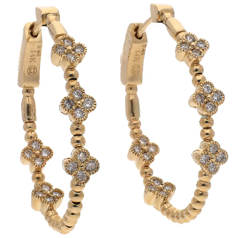 trendy drop earrings for women -trendy drop earrings for women -14K Yellow Gold Diamond Quatrefoil Hoop Earrings