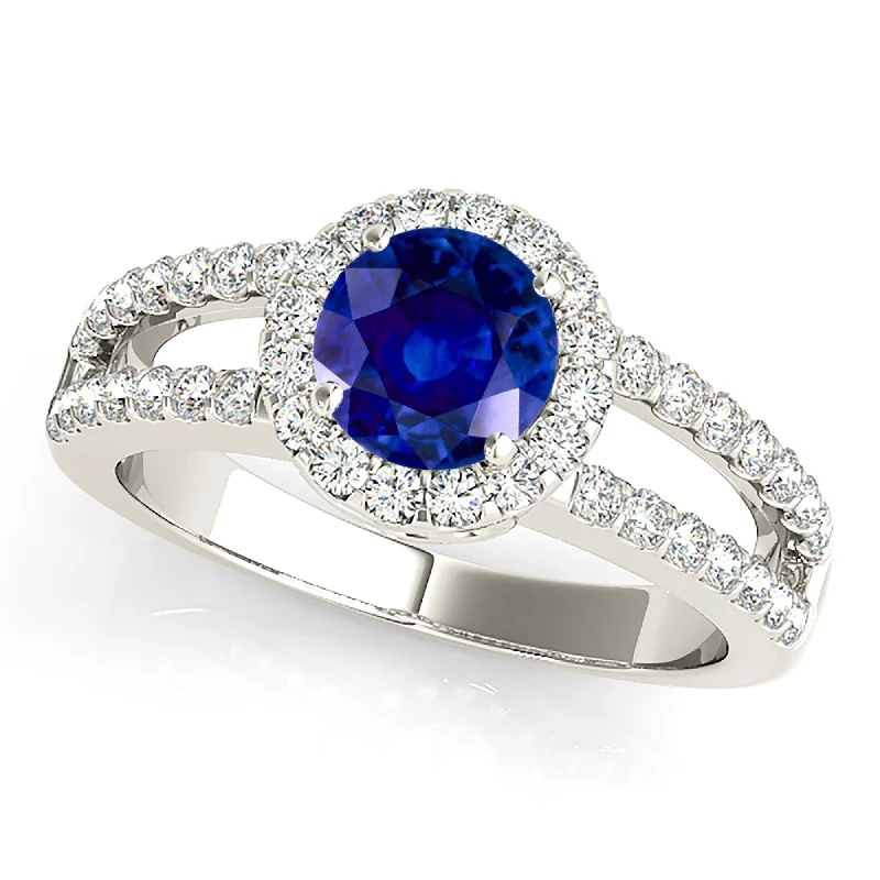 luxury wedding rings for women -1.45 ct. Genuine Blue Sapphire Split Shank Halo Ring