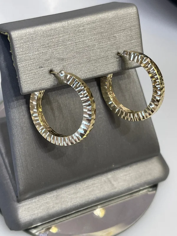 women’s designer stud earrings -14K YELLOW GOLD HAMMERED FINISH HOOP EARRINGS