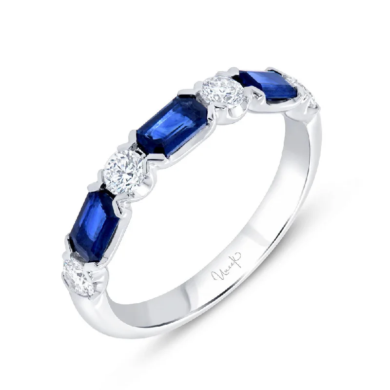 stackable rings for women -Uneek Precious Collection Straight Emerald Cut Blue Sapphire Anniversary Ring