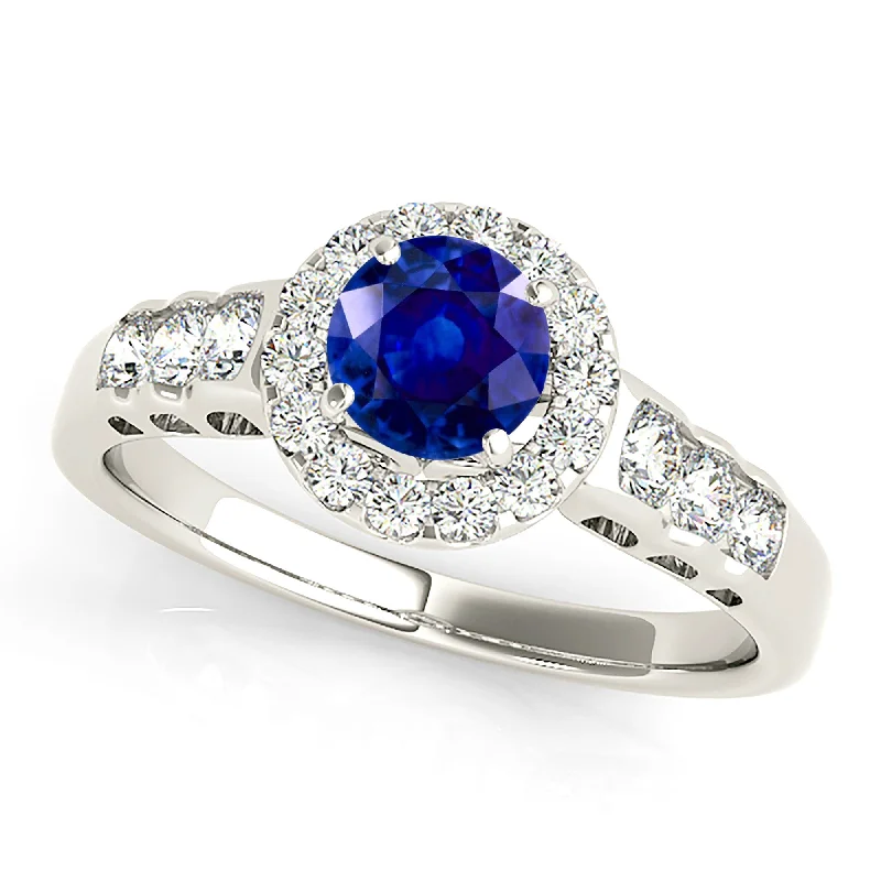 two-tone wedding rings for women -1.35 ct. Genuine Blue Sapphire Halo Ring