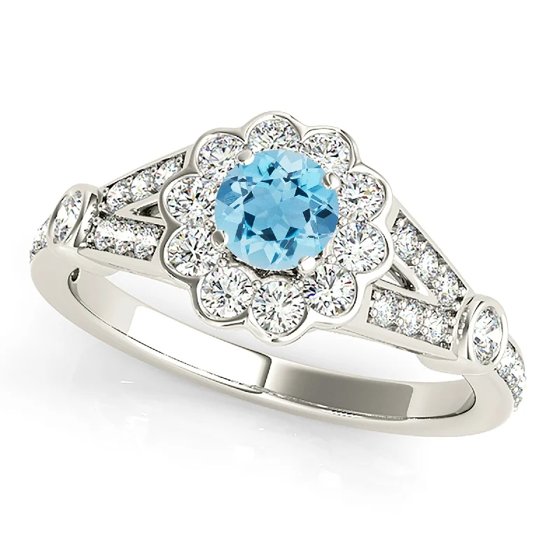 personalized engagement rings for women -1.00 ct. Genuine Aquamarine Ring With Bezel Set Floral Halo