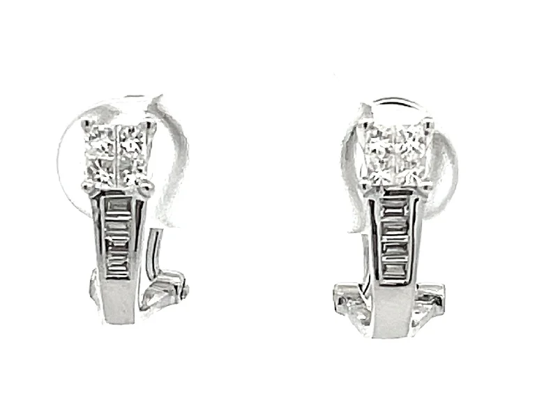 boho earrings for women -Princess Cut and Baguette Diamond Huggie Earrings in 18K White Gold 