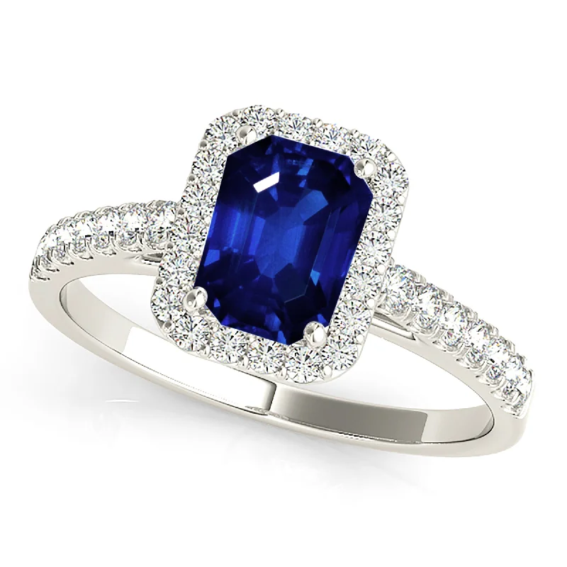 contemporary engagement rings for women -1.15 ct. Genuine Blue Emerald Cut Sapphire Ring With Halo Style