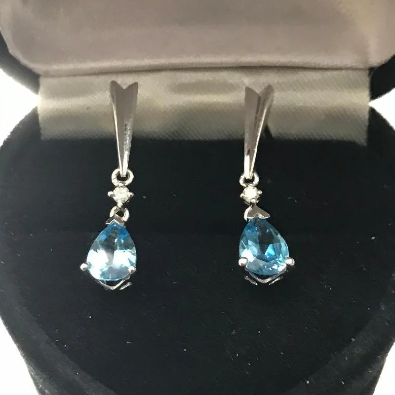 custom earrings for women -10 Karat Solid White Gold Pear Shaped Blue Topaz & Diamond Dangling Earrings