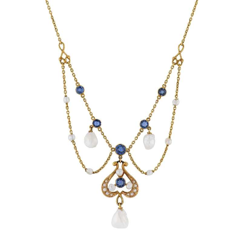 elegant gold necklaces for women -Antique Yogo Sapphire and Pearl Yellow Gold Necklace