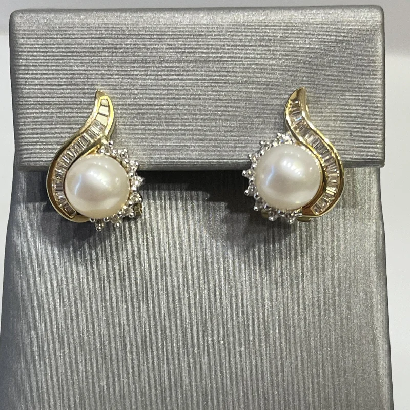 women’s ear piercings with earrings -Ladies 14 Karat Yellow Gold Diamond And Pearl Earrings