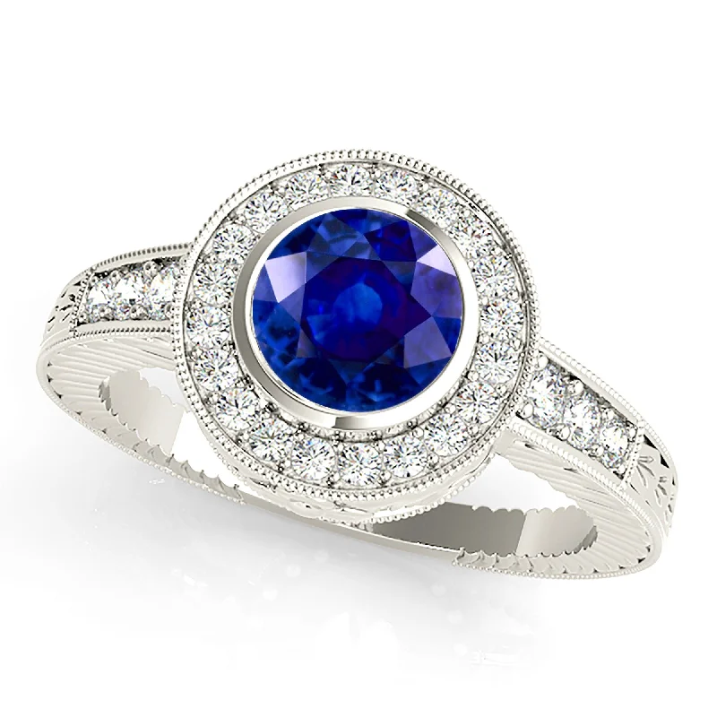 women’s stackable rings with diamonds -1.35 ct. Genuine Blue Sapphire Bezel Set Vintage Halo Ring