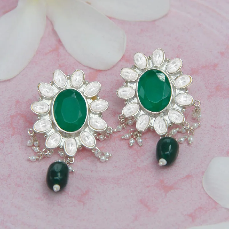 rhinestone earrings for women -rhinestone earrings for women -SILVER 92.5 GREEN KUNDAN EARRING