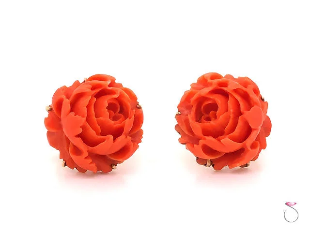 crystal earrings for women -crystal earrings for women -Carved Red Coral Flower Vintage Earrings in 14K Yellow Gold